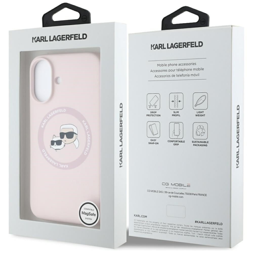 Husa MagSafe pentru Apple iPhone 16, Karl Lagerfeld, Silicone Karl & Choupette's Heads, Roz