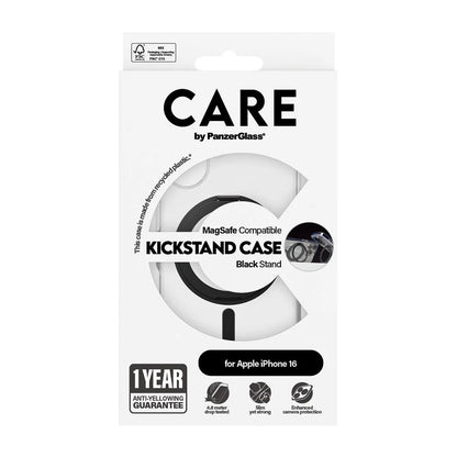 Husa MagSafe pentru Apple iPhone 16, PanzerGlass, Care Feature Kickstand, Transparenta Neagra