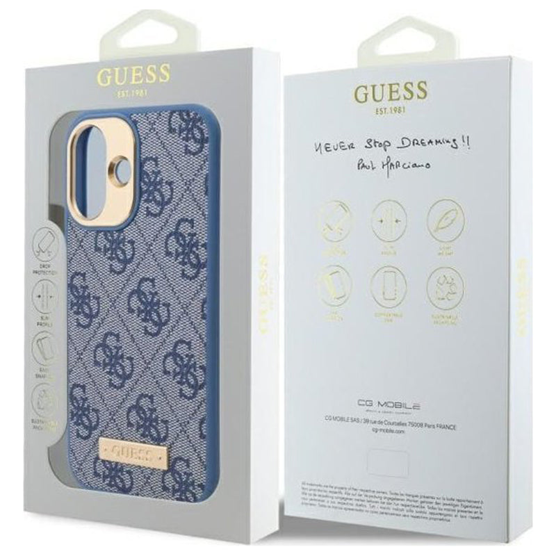Husa MagSafe pentru Apple iPhone 16 Plus, Guess, 4G Logo Plate, Albastra