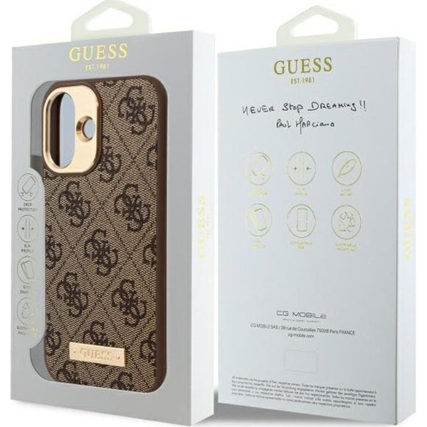 Husa MagSafe pentru Apple iPhone 16 Plus, Guess, 4G Logo Plate, Maro