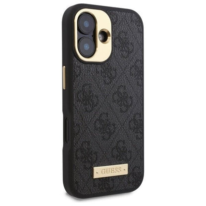 Husa MagSafe pentru Apple iPhone 16 Plus, Guess, 4G Logo Plate, Neagra