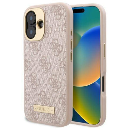 Husa MagSafe pentru Apple iPhone 16 Plus, Guess, 4G Logo Plate, Roz