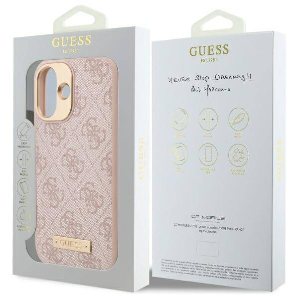 Husa MagSafe pentru Apple iPhone 16 Plus, Guess, 4G Logo Plate, Roz