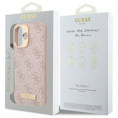 Husa MagSafe pentru Apple iPhone 16 Plus, Guess, 4G Logo Plate, Roz