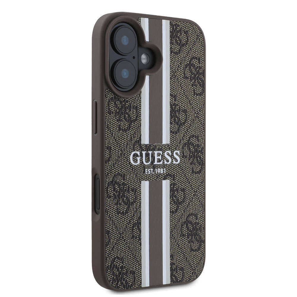 Husa MagSafe pentru Apple iPhone 16 Plus, Guess, 4G Printed Stripes, Maro