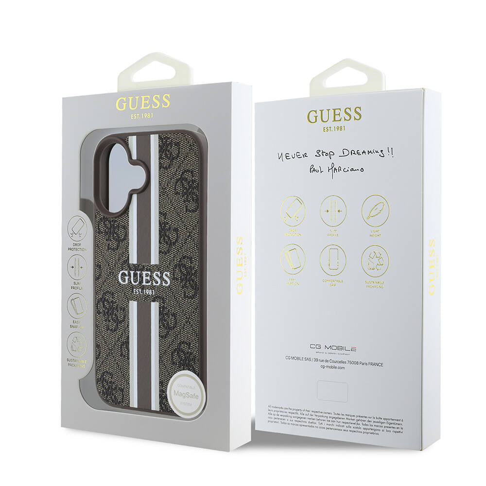 Husa MagSafe pentru Apple iPhone 16 Plus, Guess, 4G Printed Stripes, Maro