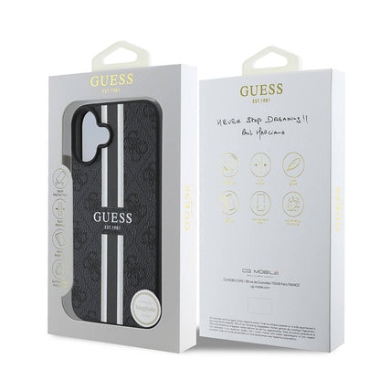 Husa MagSafe pentru Apple iPhone 16 Plus, Guess, 4G Printed Stripes, Neagra