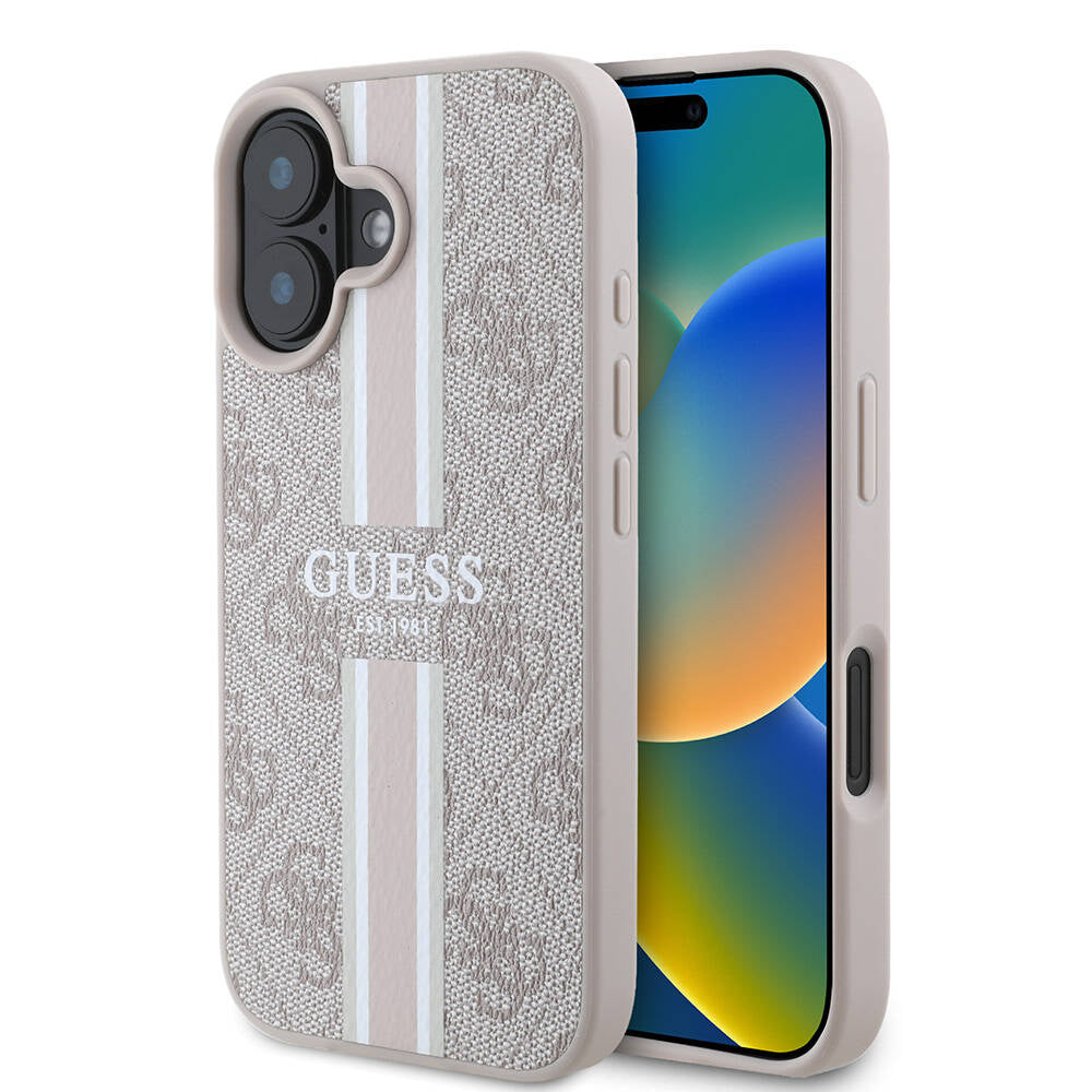 Husa MagSafe pentru Apple iPhone 16 Plus, Guess, 4G Printed Stripes, Roz
