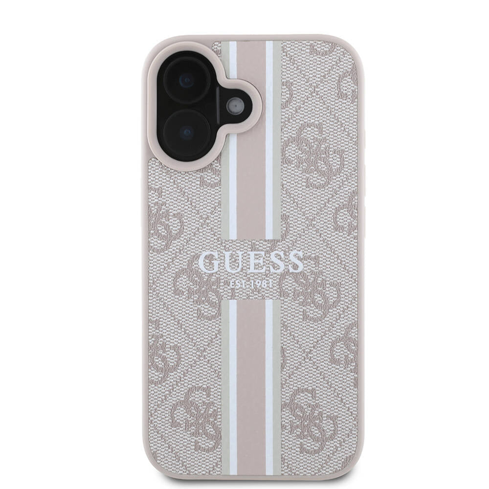 Husa MagSafe pentru Apple iPhone 16 Plus, Guess, 4G Printed Stripes, Roz