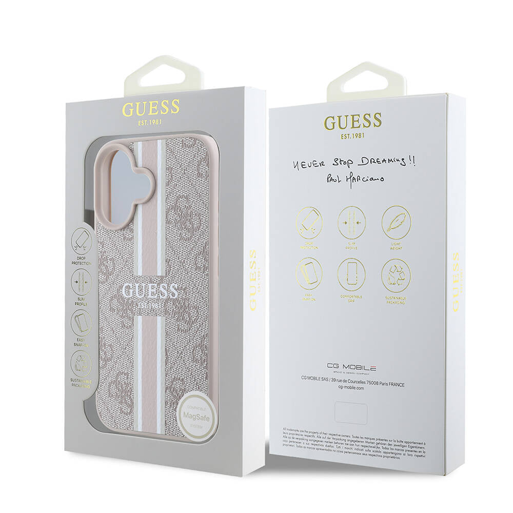 Husa MagSafe pentru Apple iPhone 16 Plus, Guess, 4G Printed Stripes, Roz