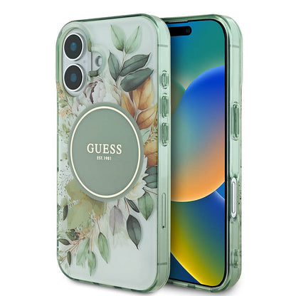 Husa MagSafe pentru Apple iPhone 16 Plus, Guess, IML Flower & Tonal Circle, Verde