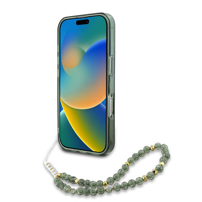 Husa MagSafe pentru Apple iPhone 16 Plus, Guess, IML Flowers Allover Electroplated with Pearl Strap, Verde