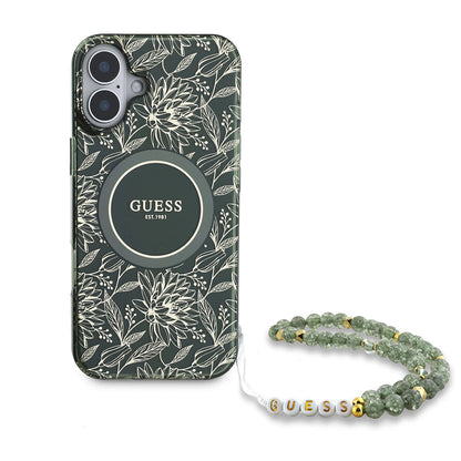 Husa MagSafe pentru Apple iPhone 16 Plus, Guess, IML Flowers Allover Electroplated with Pearl Strap, Verde