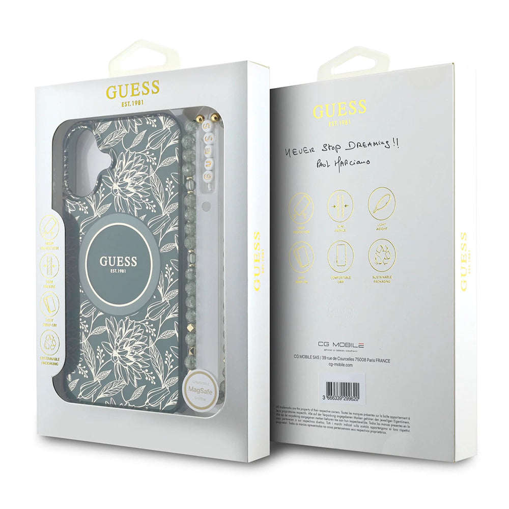 Husa MagSafe pentru Apple iPhone 16 Plus, Guess, IML Flowers Allover Electroplated with Pearl Strap, Verde