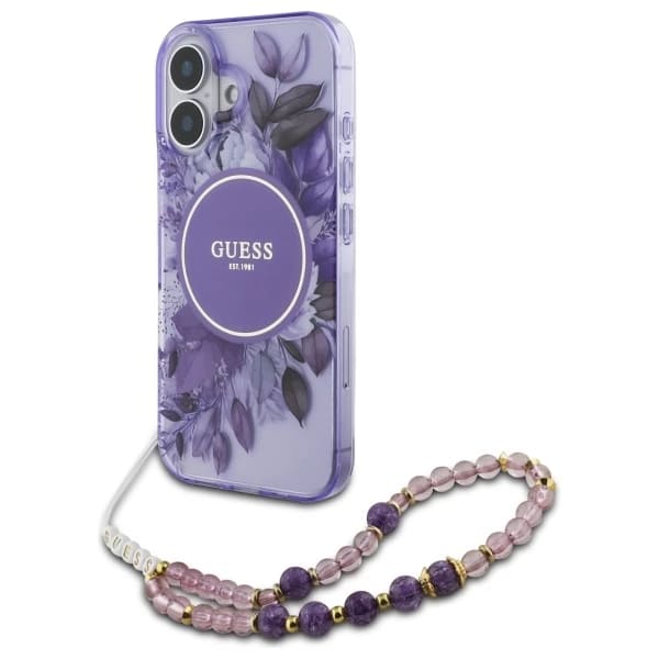 Husa MagSafe pentru Apple iPhone 16 Plus, Guess, IML Flowers with Pearl Strap, Mov