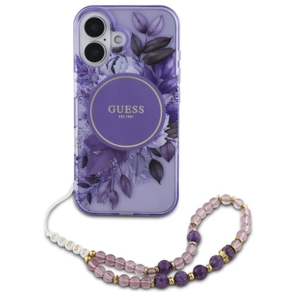 Husa MagSafe pentru Apple iPhone 16 Plus, Guess, IML Flowers with Pearl Strap, Mov