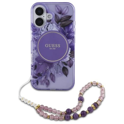 Husa MagSafe pentru Apple iPhone 16 Plus, Guess, IML Flowers with Pearl Strap, Mov