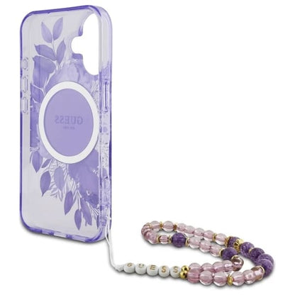 Husa MagSafe pentru Apple iPhone 16 Plus, Guess, IML Flowers with Pearl Strap, Mov