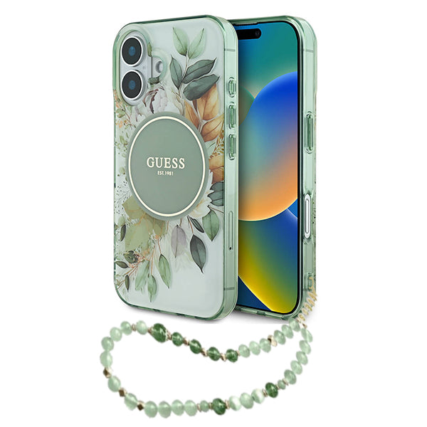 Husa MagSafe pentru Apple iPhone 16 Plus, Guess, IML Flowers with Pearl Strap, Verde