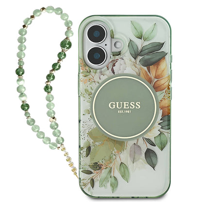Husa MagSafe pentru Apple iPhone 16 Plus, Guess, IML Flowers with Pearl Strap, Verde