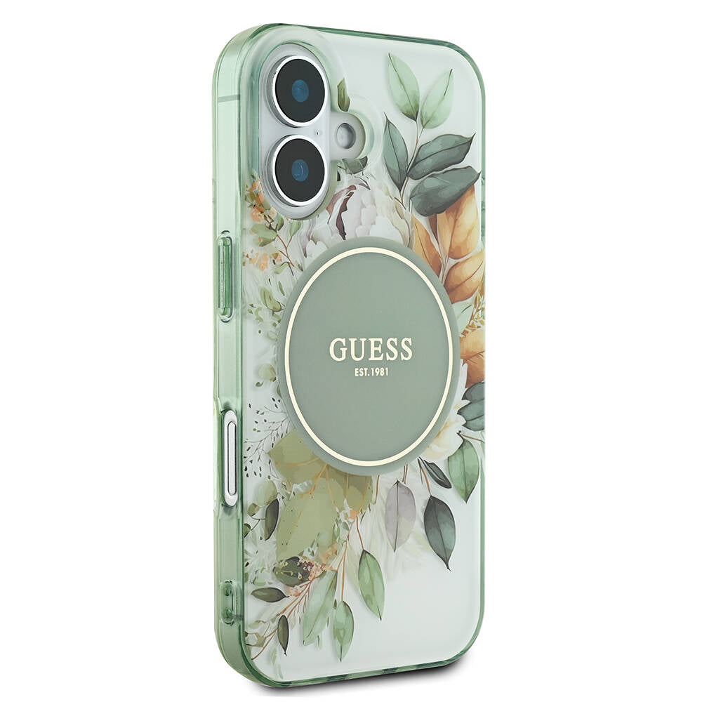 Husa MagSafe pentru Apple iPhone 16 Plus, Guess, IML Flowers with Pearl Strap, Verde