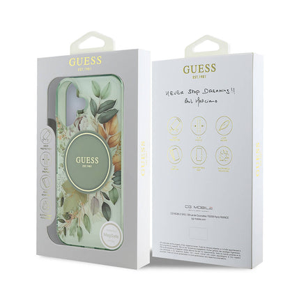 Husa MagSafe pentru Apple iPhone 16 Plus, Guess, IML Flowers with Pearl Strap, Verde