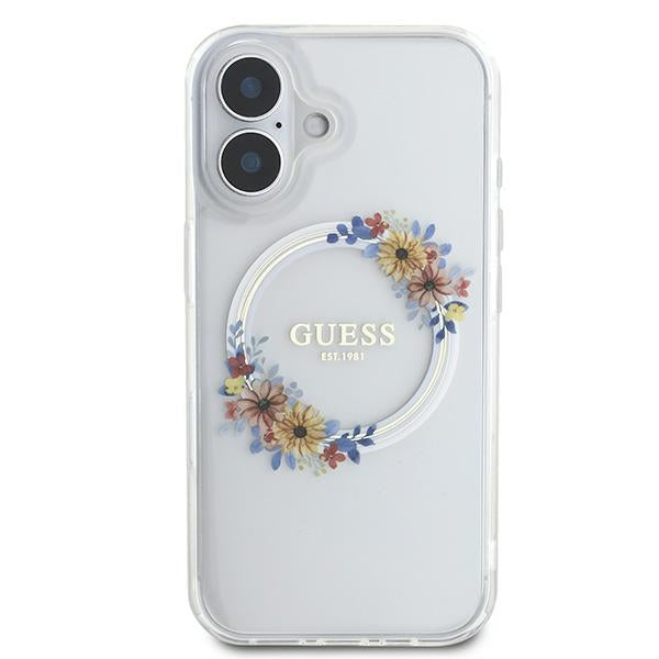 Husa MagSafe pentru Apple iPhone 16 Plus, Guess, IML Flowers Wreath, Transparenta