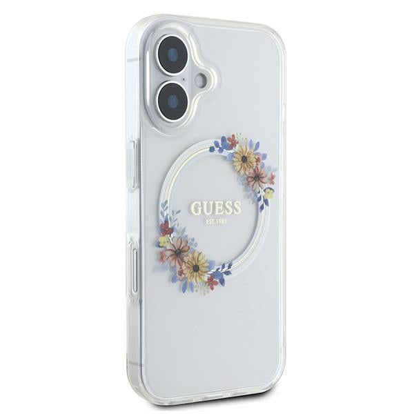 Husa MagSafe pentru Apple iPhone 16 Plus, Guess, IML Flowers Wreath, Transparenta