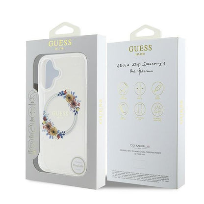 Husa MagSafe pentru Apple iPhone 16 Plus, Guess, IML Flowers Wreath, Transparenta