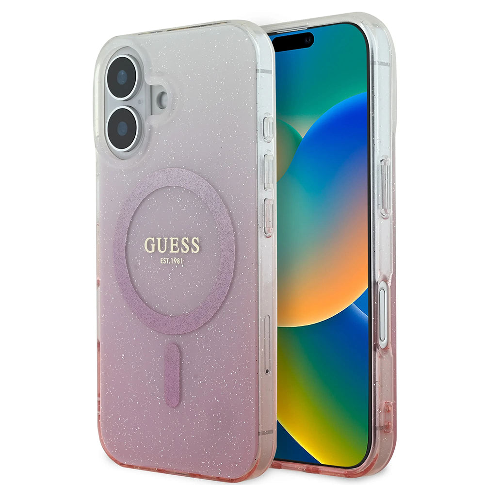 Husa MagSafe pentru Apple iPhone 16 Plus, Guess, IML Glitter Gradient, Roz