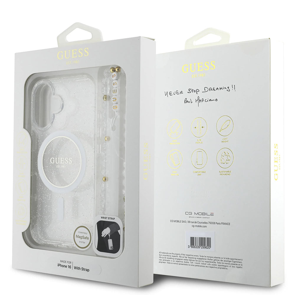 Husa MagSafe pentru Apple iPhone 16 Plus, Guess, IML Glitter with Pearl Strap, Transparenta