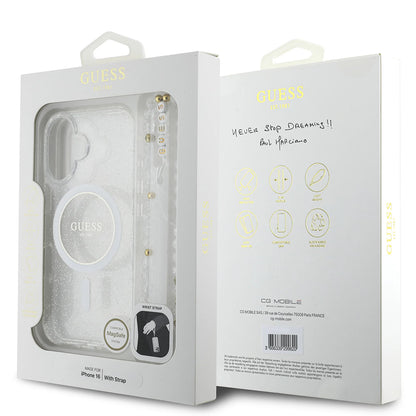 Husa MagSafe pentru Apple iPhone 16 Plus, Guess, IML Glitter with Pearl Strap, Transparenta