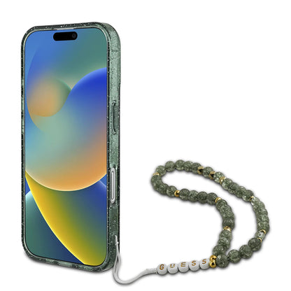 Husa MagSafe pentru Apple iPhone 16 Plus, Guess, IML Glitter with Pearl Strap, Verde