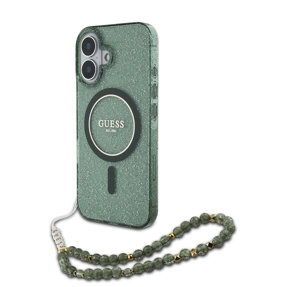 Husa MagSafe pentru Apple iPhone 16 Plus, Guess, IML Glitter with Pearl Strap, Verde
