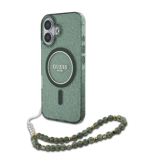 Husa MagSafe pentru Apple iPhone 16 Plus, Guess, IML Glitter with Pearl Strap, Verde