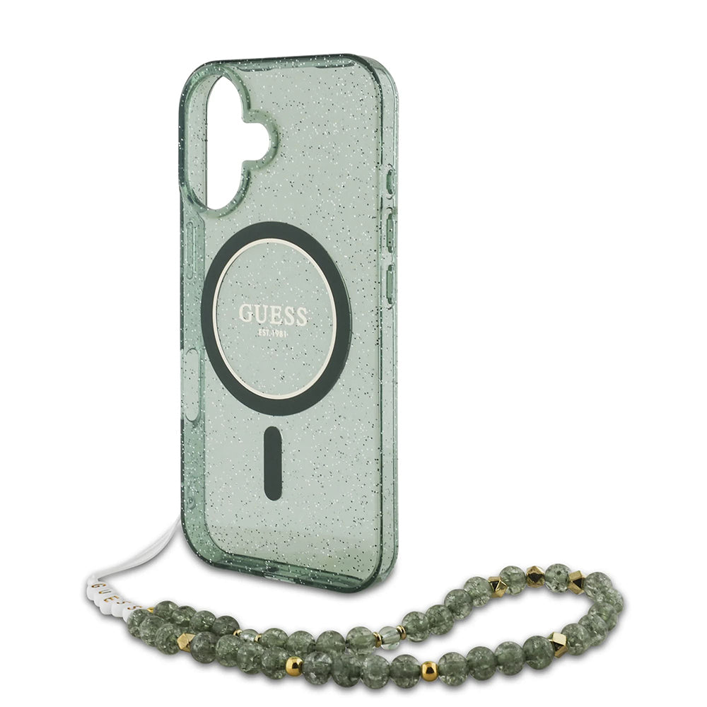 Husa MagSafe pentru Apple iPhone 16 Plus, Guess, IML Glitter with Pearl Strap, Verde
