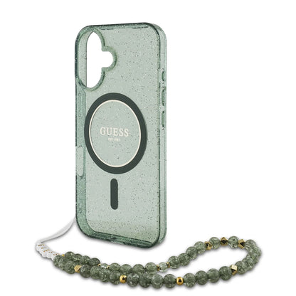 Husa MagSafe pentru Apple iPhone 16 Plus, Guess, IML Glitter with Pearl Strap, Verde