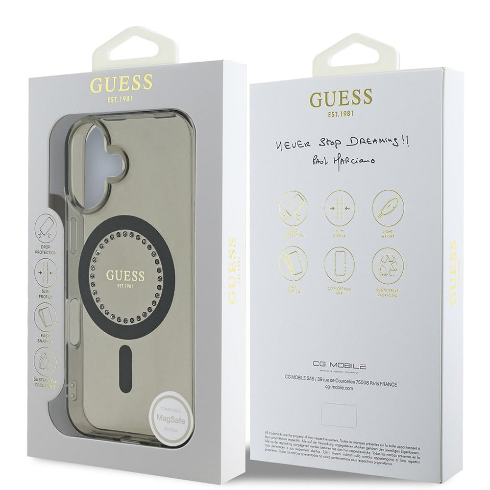 Husa MagSafe pentru Apple iPhone 16 Plus, Guess, IML Rhinestone, Neagra