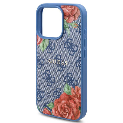 Husa MagSafe pentru Apple iPhone 16 Pro, Guess, 4G Flowers Print, Albastra