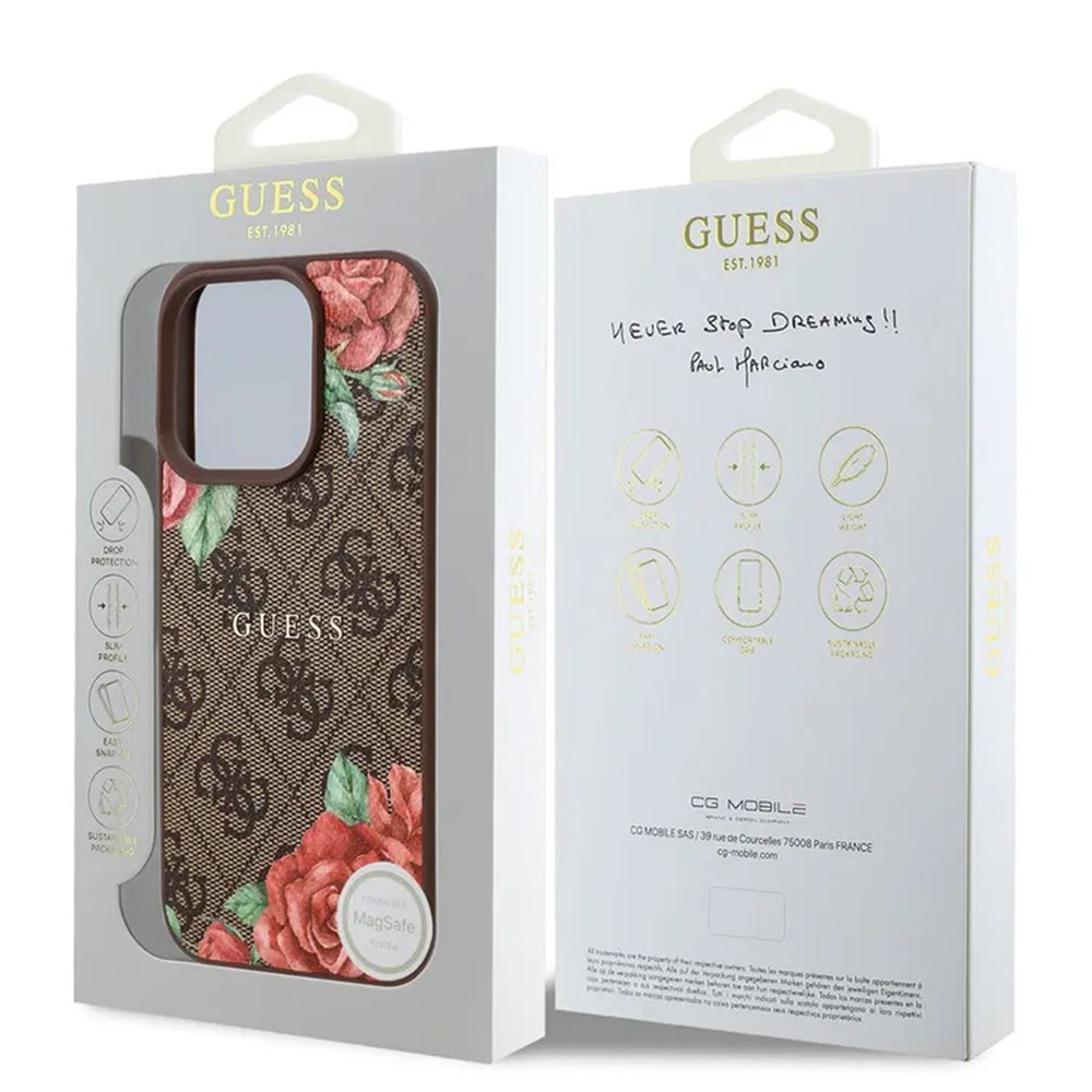 Husa MagSafe pentru Apple iPhone 16 Pro, Guess, 4G Flowers Print, Maro