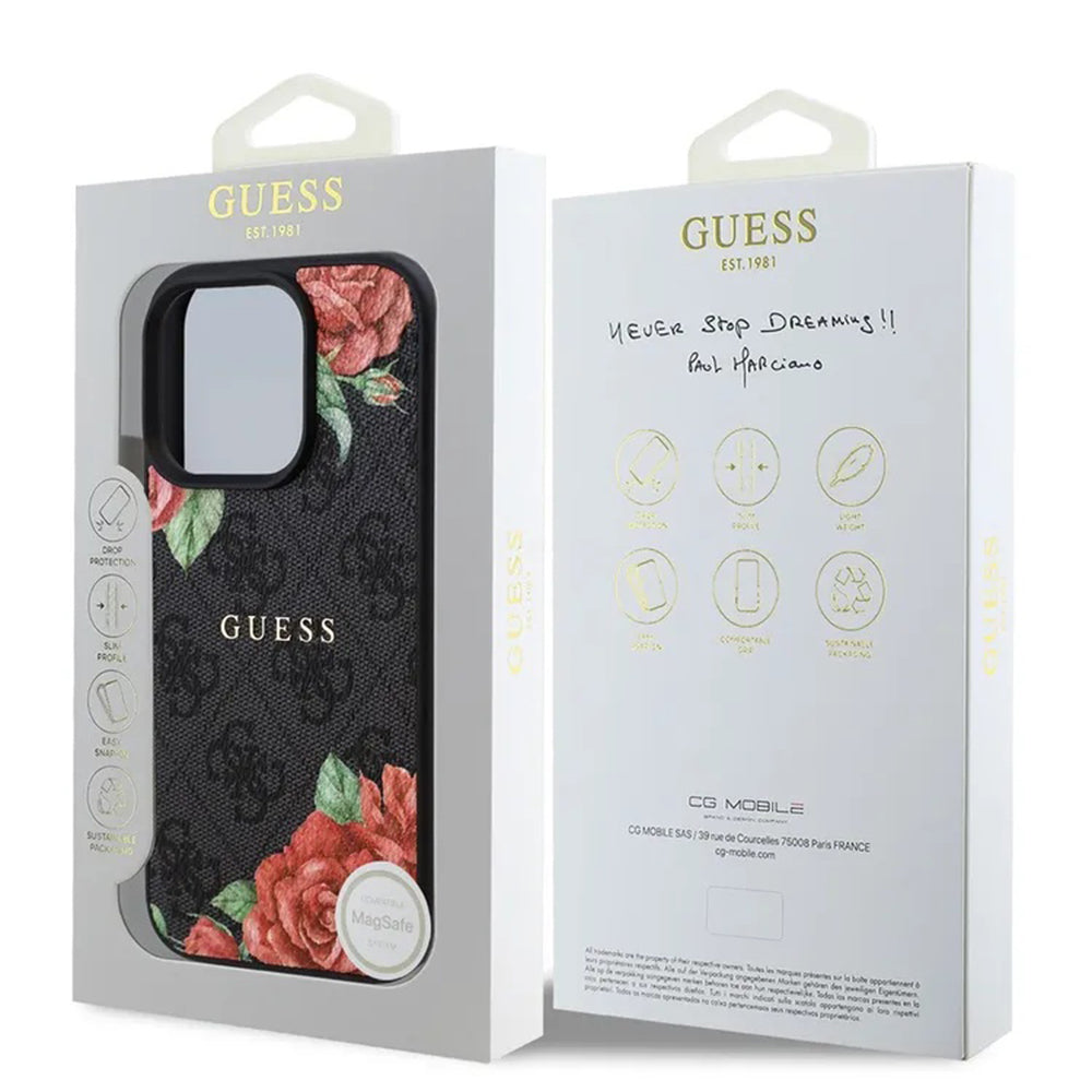 Husa MagSafe pentru Apple iPhone 16 Pro, Guess, 4G Flowers Print, Neagra