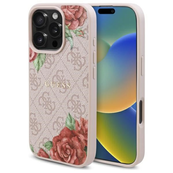 Husa MagSafe pentru Apple iPhone 16 Pro, Guess, 4G Flowers Print, Roz