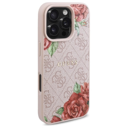 Husa MagSafe pentru Apple iPhone 16 Pro, Guess, 4G Flowers Print, Roz