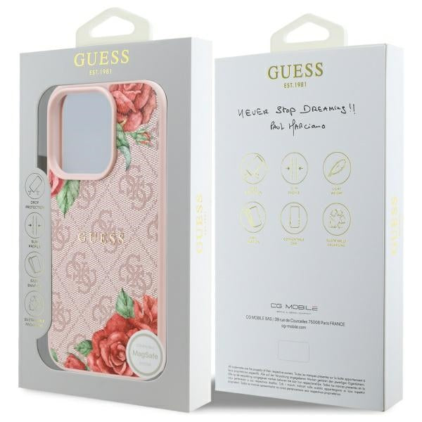 Husa MagSafe pentru Apple iPhone 16 Pro, Guess, 4G Flowers Print, Roz