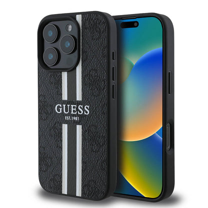 Husa MagSafe pentru Apple iPhone 16 Pro, Guess, 4G Printed Stripes, Neagra