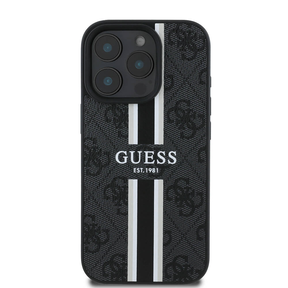 Husa MagSafe pentru Apple iPhone 16 Pro, Guess, 4G Printed Stripes, Neagra