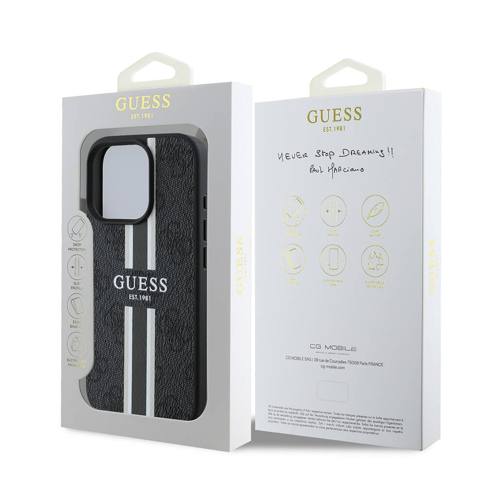 Husa MagSafe pentru Apple iPhone 16 Pro, Guess, 4G Printed Stripes, Neagra