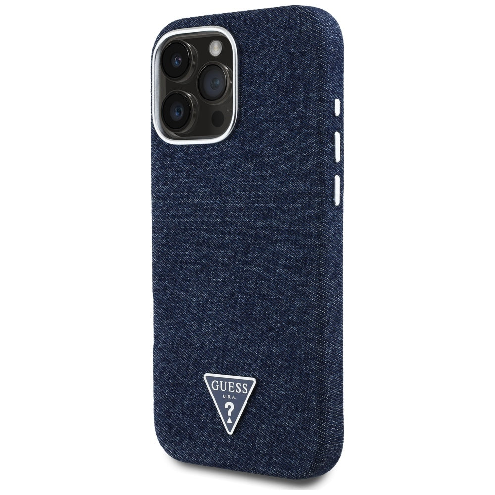 Husa MagSafe pentru Apple iPhone 16 Pro, Guess, Denim Triangle Logo, Albastra