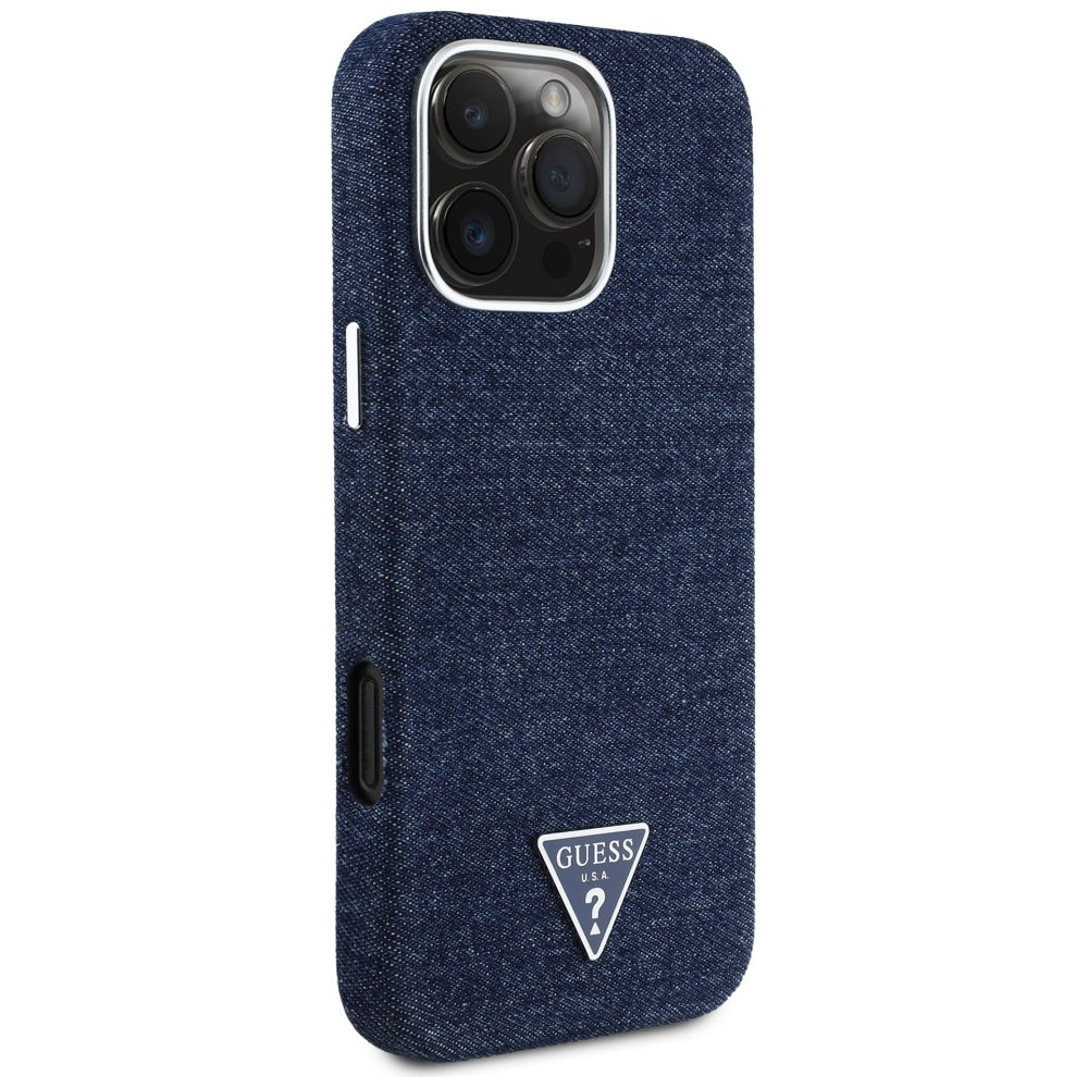 Husa MagSafe pentru Apple iPhone 16 Pro, Guess, Denim Triangle Logo, Albastra