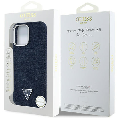 Husa MagSafe pentru Apple iPhone 16 Pro, Guess, Denim Triangle Logo, Albastra